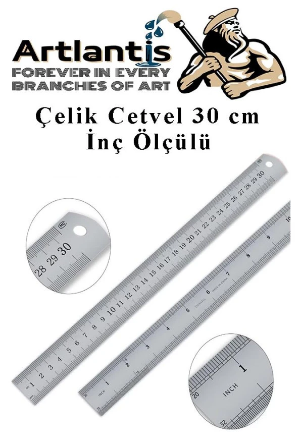 Çelik Cetvel 30 cm İnç Ölçülü 1 Adet Paslanmaz Çelik Metal Çetvel 30 Santimetre ürün görseli 1