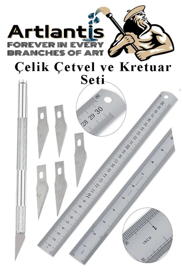 Çelik Cetvel 30 cm ve Kretuar Bıçağı 5 Yedek Bıcaklı 1 Adet Paslanmaz Çelik Metal Çetvel 30 Santimetre ürün görseli 1