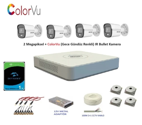 Hikvision 2mp 4 kameralı Dış ortam AHD HD-TVI ColorVu Gece Renkli Kamera Seti 1TB Disk ürün görseli 1