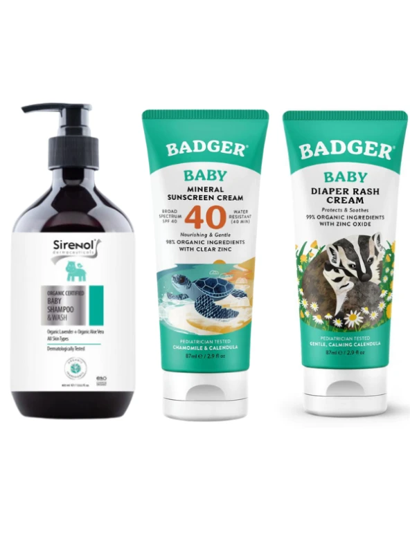 Badger Organik Bebek Güneş Kremi, Pişik Kremi ve Sirenol Organik Bebek Saç Vücut Şampuanı Set 400 mL / 87 mL / 87 mL ürün görseli 1