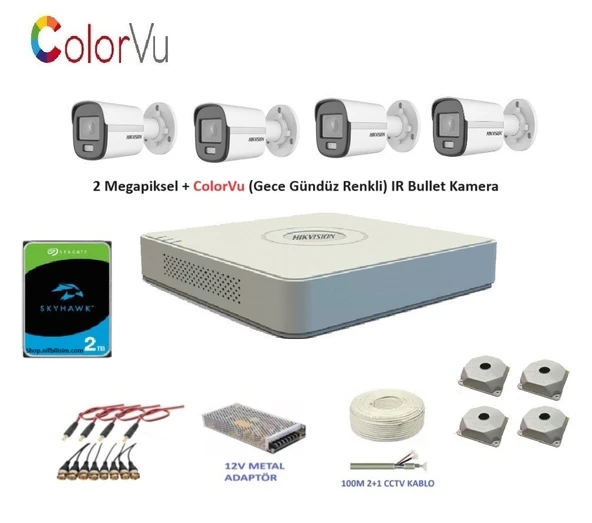 Hikvision 2mp 4 kameralı Dış ortam AHD HD-TVI ColorVu Gece Renkli Kamera Seti 2TB Disk ürün görseli 1