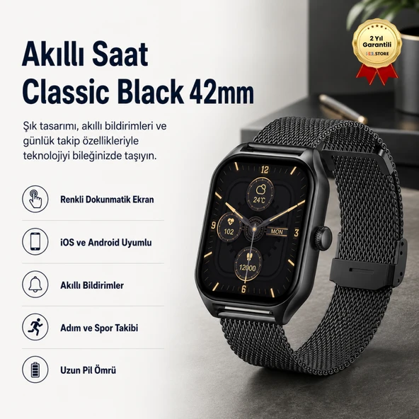 Akıllı Saat Classic Black 42mm - Çoklu Fonksiyonlu Kare Tasarım ürün görseli 1
