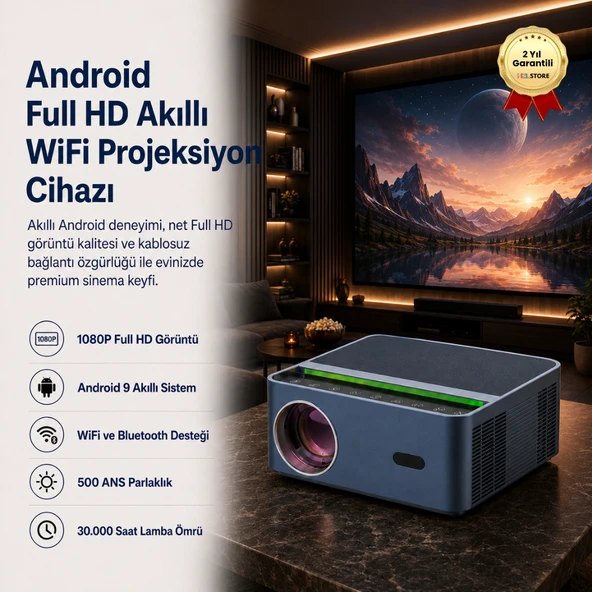 1080P HD Android Sistemli Wifi Bluetooth 150 inch Hoparlörlü HDMI 500 ANS Akıllı Projeksiyon Cihazı ürün görseli 1