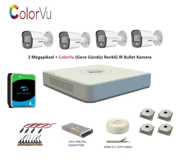 Hikvision 2mp 4 kameralı Dış ortam AHD HD-TVI ColorVu Gece Renkli Kamera Seti 4TB Disk ürün görseli 1