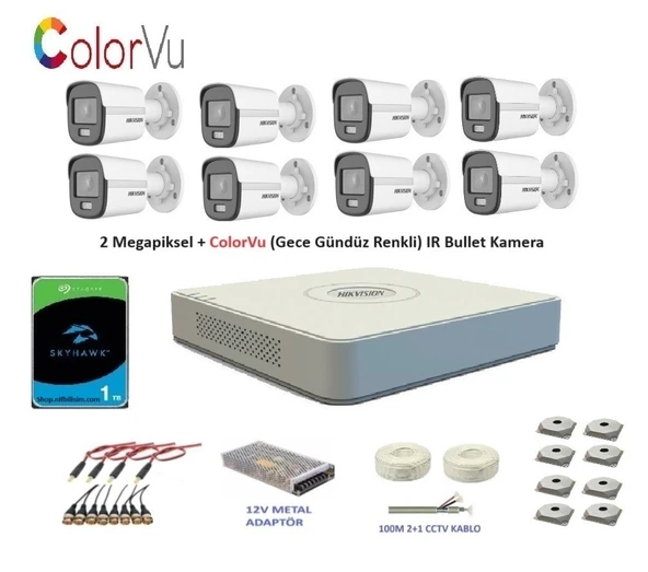 Hikvision 2mp 8 kameralı Dış ortam AHD HD-TVI ColorVu Gece Renkli Kamera Seti 1TB Disk ürün görseli 1