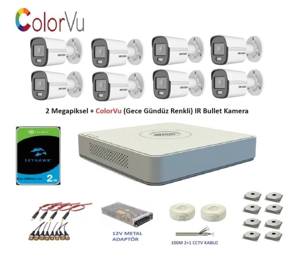 Hikvision 2mp 8 kameralı Dış ortam AHD HD-TVI ColorVu Gece Renkli Kamera Seti 2TB Disk ürün görseli 1