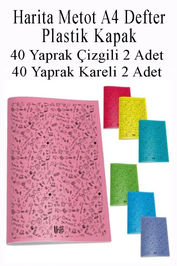 Defter Plastik Kapak A4 40 Yaprak Çizgili 2 Adet ve 40 Yaprak Kareli 2 Adet Harita Metod Defter ürün görseli 1