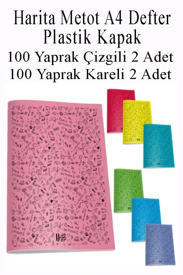 Defter Plastik Kapak A4 100 Yaprak Çizgili 2 Adet ve 100 Yaprak Kareli 2 Adet Harita Metod Defter ürün görseli 1
