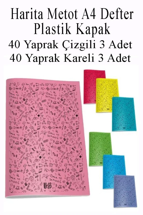 Defter Plastik Kapak A4 40 Yaprak Çizgili 3 Adet ve 40 Yaprak Kareli 3 Adet Harita Metod Defter ürün görseli 1