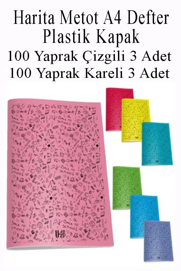 Defter Plastik Kapak A4 100 Yaprak Çizgili 3 Adet ve 100 Yaprak Kareli 3 Adet Harita Metod Defter ürün görseli 1