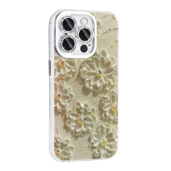 Gpack Apple iPhone 14 Pro Max Kılıf Parlak Taşlı Çiçek Desenli Garden Sert Silikon ürün görseli 1