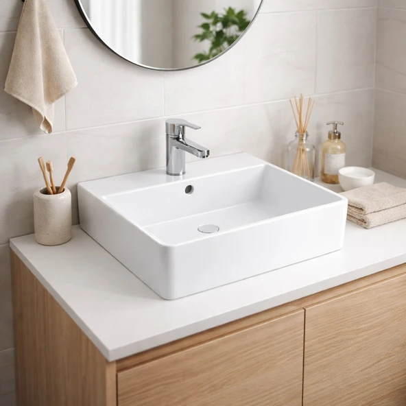 Bocchi Milano Tezgâh Üstü Batarya Delikli Parlak Beyaz Kare Lavabo 50x45 Cm 1216-062-0126 ürün görseli 1
