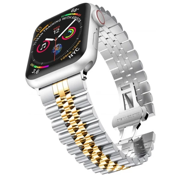 Apple Watch 2/3/4/5/6/7/8/Se/Ultra 42 44 45 49MM Uyumlu Çelik Baklalı Metal Kordon Gümüş Gold ürün görseli 1