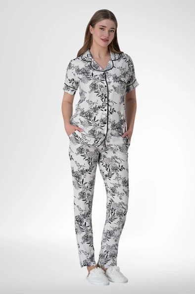 Mecit 6015 Çiçek Desenli Boydan Düğmeli Kadın Pijama Takımı ürün görseli 1