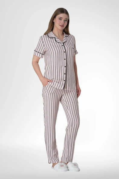 Mecit 6016 Pembe Çizgili Boydan Düğmeli Kadın Pijama Takımı ürün görseli 1