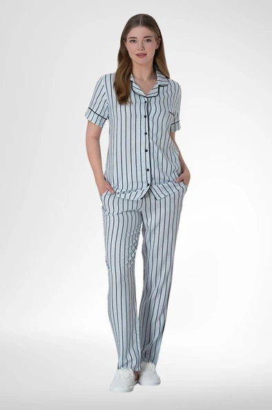 Mecit 6016 Mavi Çizgili Boydan Düğmeli Kadın Pijama Takımı ürün görseli 1