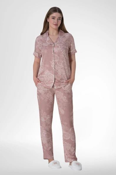 Mecit 6014 Pudra Çiçek Desenli Boydan Düğmeli Kadın Pijama Takımı ürün görseli 1