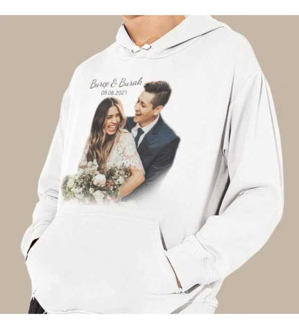 Kişiye Özel Fotoğraf Baskılı Kapşonlu Beyaz Unisex Sweatshirt HK2156 ürün görseli 1