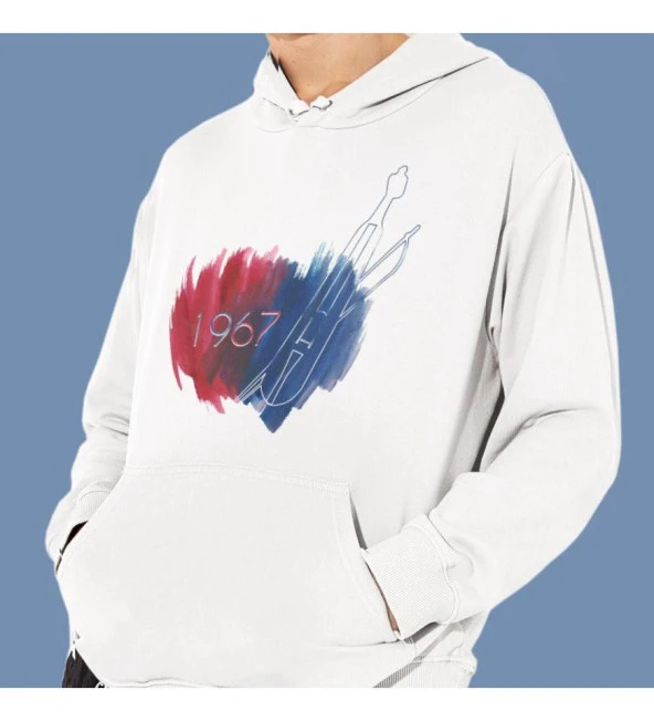 Bordo Mavi Fırtına Baskılı Kapşonlu Beyaz Unisex Sweatshirt HK2161 ürün görseli 1
