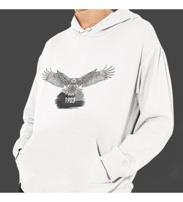 Kara Kartal Baskılı Kapşonlu Beyaz Unisex Sweatshirt HK2165 ürün görseli 1