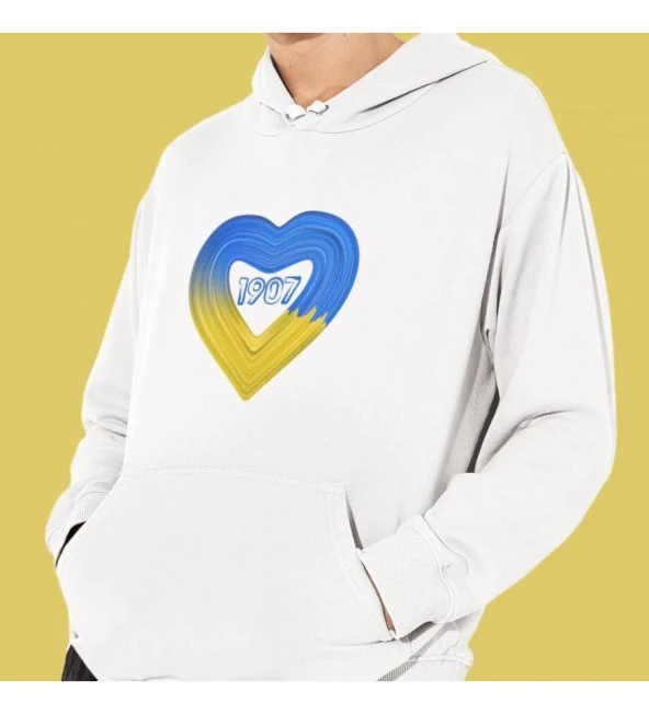 Sarı Lacivert Aşk Baskılı Kapşonlu Beyaz Unisex Sweatshirt HK2167 ürün görseli 1