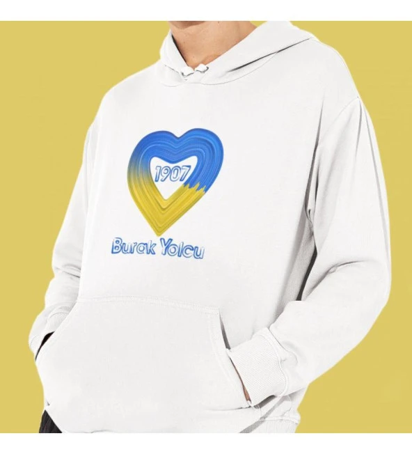 Kişiye Özel Sarı Lacivert Aşk Baskılı Kapşonlu Beyaz Unisex Sweatshirt HK2168 ürün görseli 1