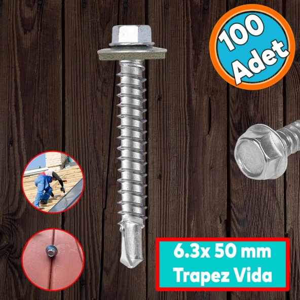 Trapez Çatı Vidası 6.3x50 mm Paket 100 ADET Matkap Uçlu Sac Akıllı Vida Çatı Panel Metal Ağaç Vidası ürün görseli 1