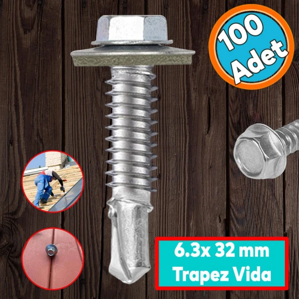 Trapez Çatı Vidası 6.3x32 mm Paket 100 ADET Matkap Uçlu Sac Akıllı Vida Çatı Panel Metal Ağaç Vidası ürün görseli 1