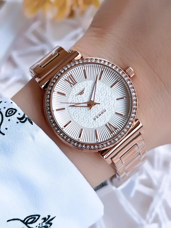 Ferro Rose Gold Renk 3 Atm Suya Dayanıklı Çelik Kordon Özel Tasarım Kadın Kol Saati BF2994AWT ürün görseli 1