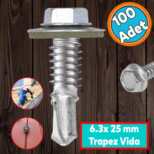 Trapez Çatı Vidası 6.3x25 mm Paket 100 ADET Matkap Uçlu Sac Akıllı Vida Çatı Panel Metal Ağaç Vidası ürün görseli 1