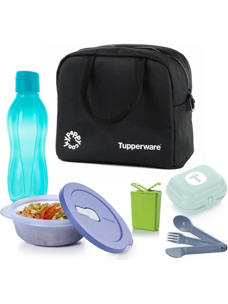 Tupperware x Peppycooky Siyah Set 2 Suluk Matara Çantalı Yemek Taşıma ve Beslenme Seti ürün görseli 1