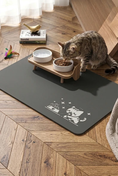 MAtGo Pati Mama Çeken Kedi Gri Renk Beslenme Matı Kaymaz Sıvı Geçirmez Kedi Köpek Mama Paspası 50x70cm ürün görseli 1