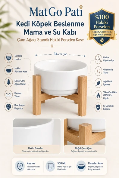 MAtGo Pati Kedi Köpek Beslenme Mama Su Kabı Çam Ağacı Seramik Kaseli Kaymaz Devrilmez 2 Adet 1.000Ml ürün görseli 1