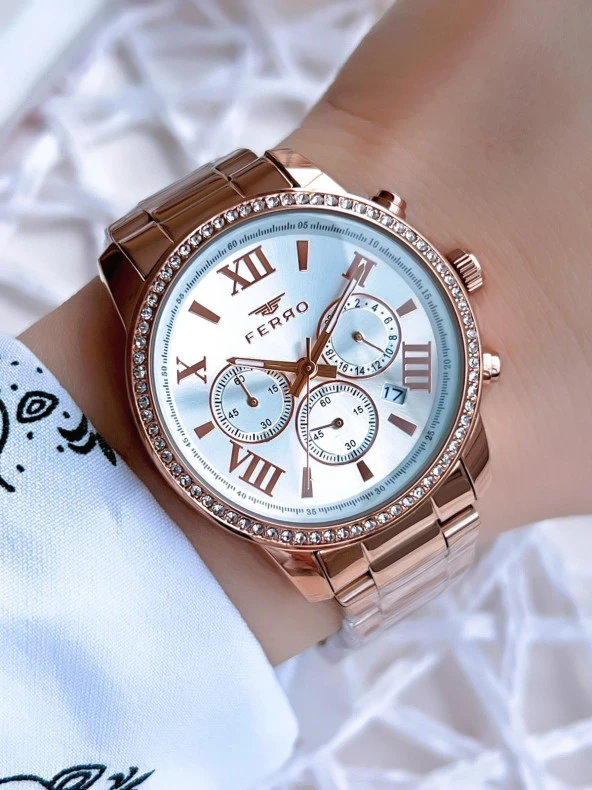 Ferro Rose Gold Renk İç Fonksiyonları Aktif 3 Atm Çelik Kordon Kadın Kol Saati BFM41107AWT-C ürün görseli 1