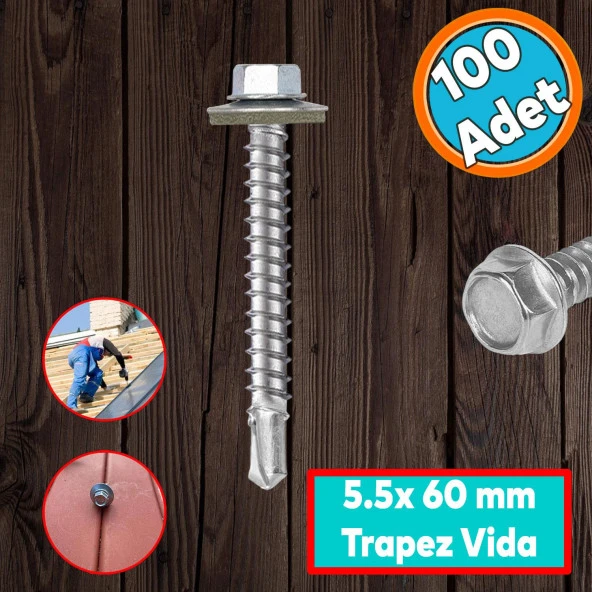 Trapez Çatı Vidası 5.5x60 mm Paket 100 ADET Matkap Uçlu Sac Akıllı Vida Çatı Panel Metal Ağaç Vidası ürün görseli 1