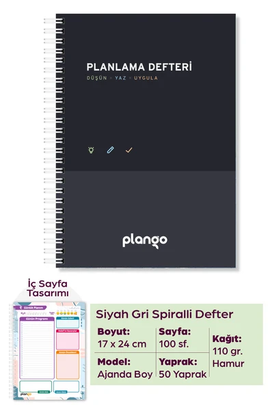 Siyah - Gri Günlük Planlayıcı Defter - Ders Çalışma Planlayıcı Defteri - Planlama Defteri ürün görseli 1