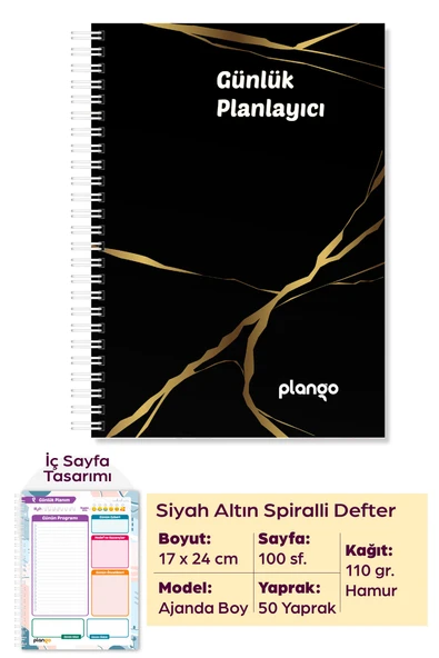 Siyah - Gold Günlük Planlayıcı Defter - Ders Çalışma Planlayıcı Defteri - Planlama Defteri ürün görseli 1