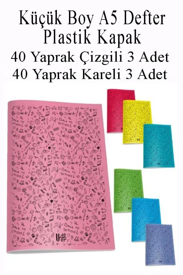 Defter Plastik Kapak A5 40 Yaprak Çizgili 3 Adet ve 40 Yaprak Kareli 3 Adet Küçük Boy Defter ürün görseli 1