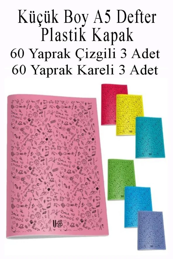 Defter Plastik Kapak A5 60 Yaprak Çizgili 3 Adet ve 60 Yaprak Kareli 3 Adet Küçük Boy Defter ürün görseli 1