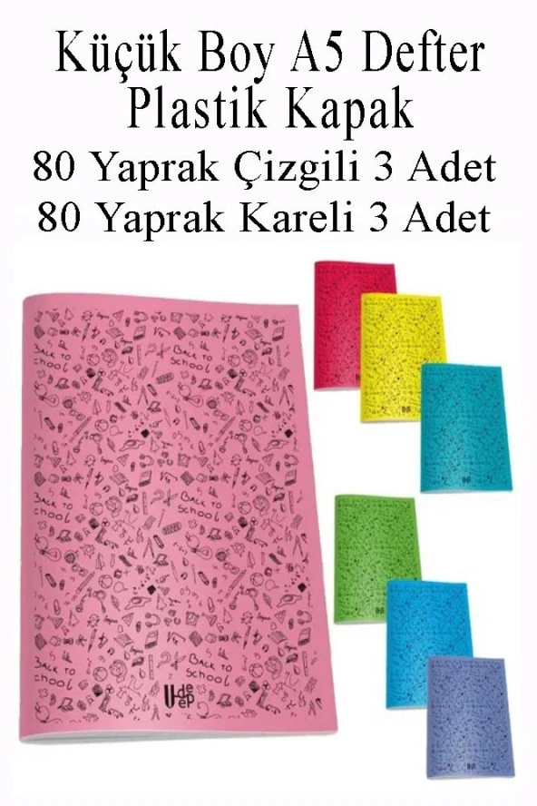 Defter Plastik Kapak A5 80 Yaprak Çizgili 3 Adet ve 80 Yaprak Kareli 3 Adet Küçük Boy Defter ürün görseli 1