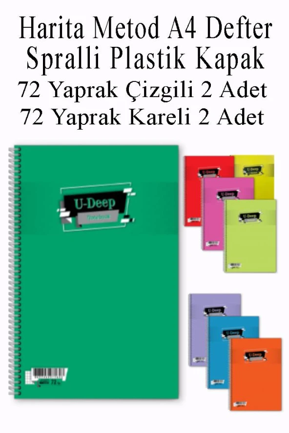 A4 Okul Defteri Spiralli Plastik Kapak 72 Yaprak Çizgili 2 Adet ve 72 Yaprak Kareli 2 Adet Spralli Harita Metod ürün görseli 1