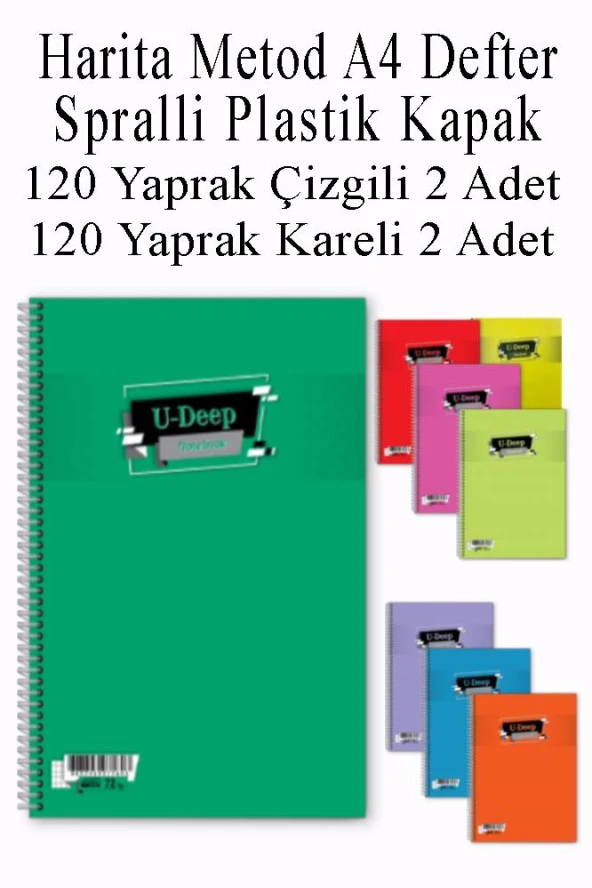A4 Okul Defteri Spiralli Plastik Kapak 120 Yaprak Çizgili 2 Adet ve 120 Yaprak Kareli 2 Adet Spralli Harita Metod ürün görseli 1