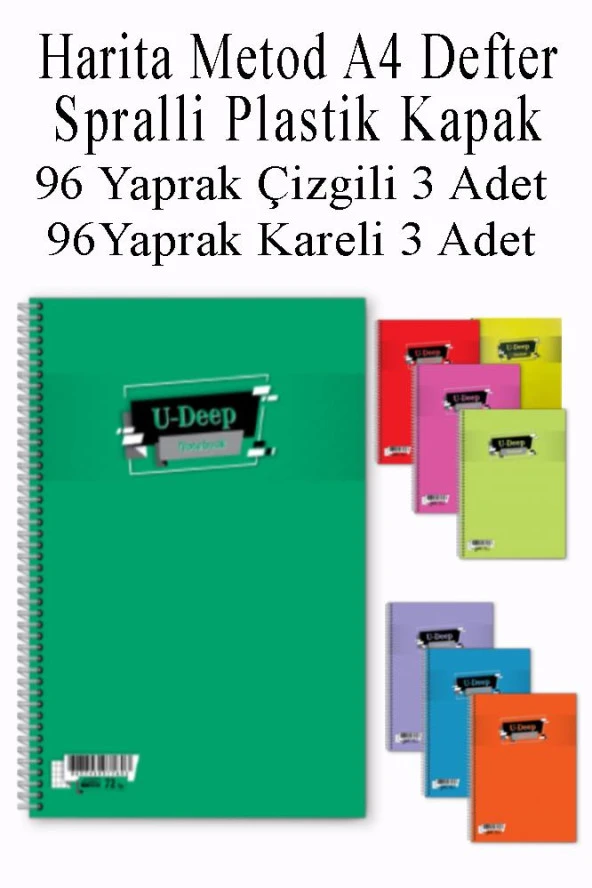 A4 Okul Defteri Spiralli Plastik Kapak 96 Yaprak Çizgili 3 Adet ve 96 Yaprak Kareli 3 Adet Spralli Harita Metod ürün görseli 1