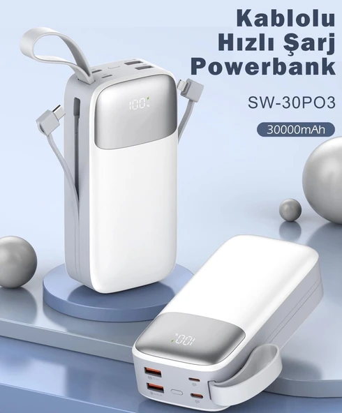 Sword 30000 mAh Kablolu Powerbank SW-30PO3 Beyaz ürün görseli 1