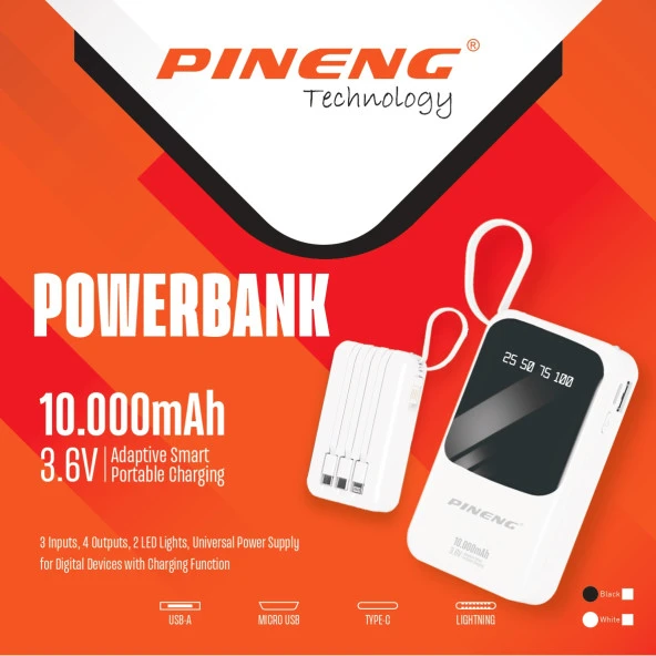 PINENG 10.000 MAH 4 KABLOLU LEDLİ POWERBANK PN-560 ürün görseli 1