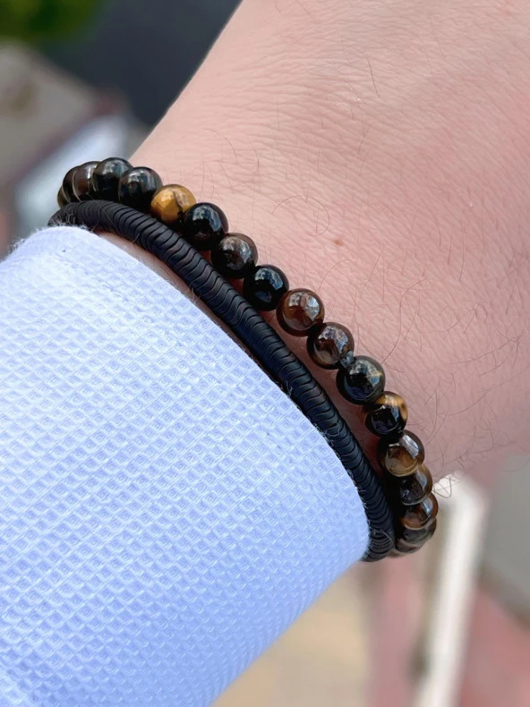 Doğal Taş 2 Adet Özel Kombin Kaplan Gözü Ve Karlı Obsidyen Taşı Doğal Unisex Bileklik BLKT.NS07 ürün görseli 1