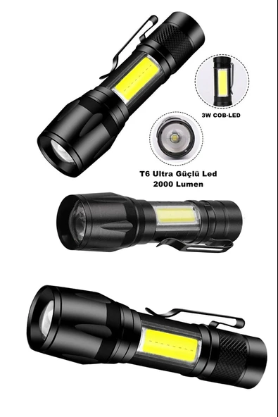 Ultra Çift Yönlü Güçlü Pilli Led El Feneri 2000 Lümen 6W Cob Led Su Geçirmez Zoomlu 3 Modlu ürün görseli 1