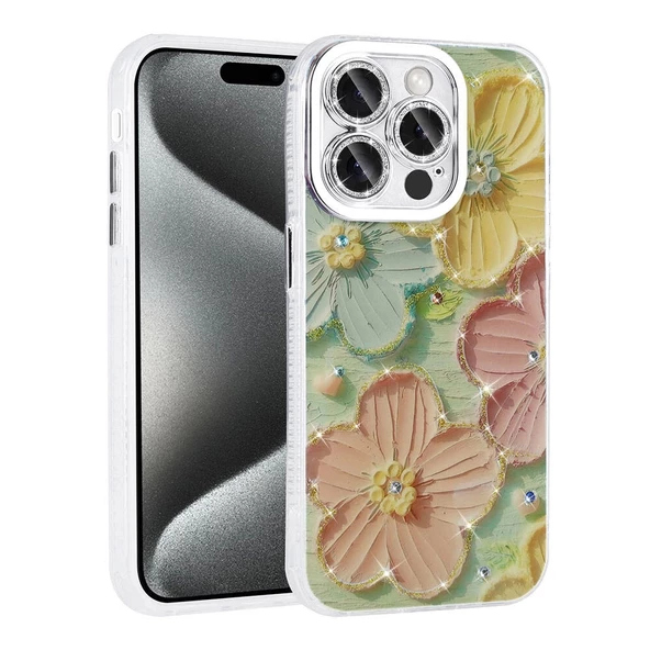 iPhone 14 Pro Max Uyumlu  Uyumlu KılıfÇiçek Desenli Parlak Taşlı Sert Silikon Garden Kapak ürün görseli 1