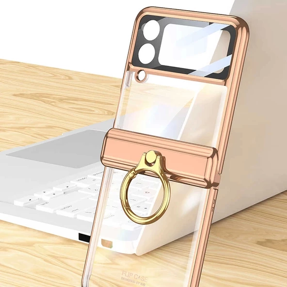 Z Flip 4 Uyumlu  Uyumlu KılıfKıpta Yüzüklü Lens Korumalı Kapak ürün görseli 1