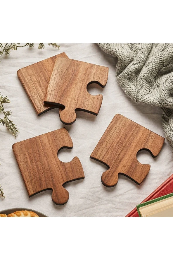 Ahşap Desenli Puzzle Mdf Bardak Altlığı 4'lü Set 10x10 Cm Masaüstü Dekorasyon Eşyası ürün görseli 1
